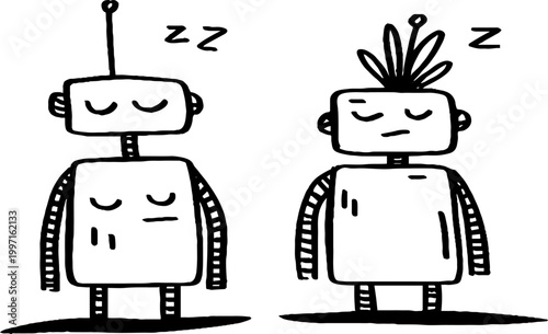 Two robots sleeping side by side on plain indoor surface