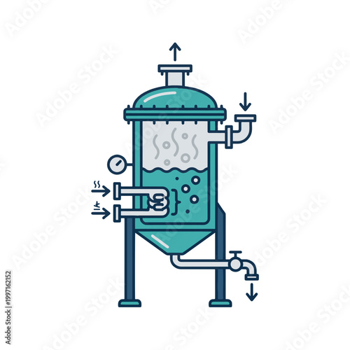 This illustration depicts a chemical filtration or separation process within a tank, with inlets and outlets for liquids and steam.