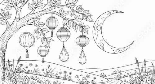 A serene night scene with paper lanterns hanging from a tree branch, by a crescent moon