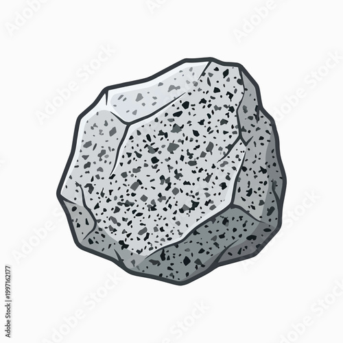 A grey, irregularly shaped rock with a speckled texture. It appears to be a single piece of igneous rock with visible crystalline inclusions.