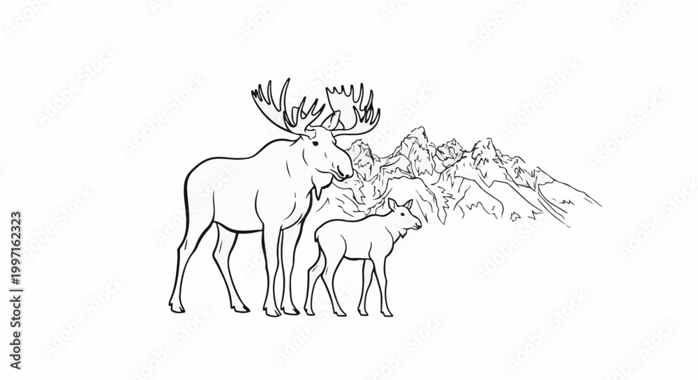 Fototapeta premium A parent and young moose stand before jagged mountain peaks in a line drawing