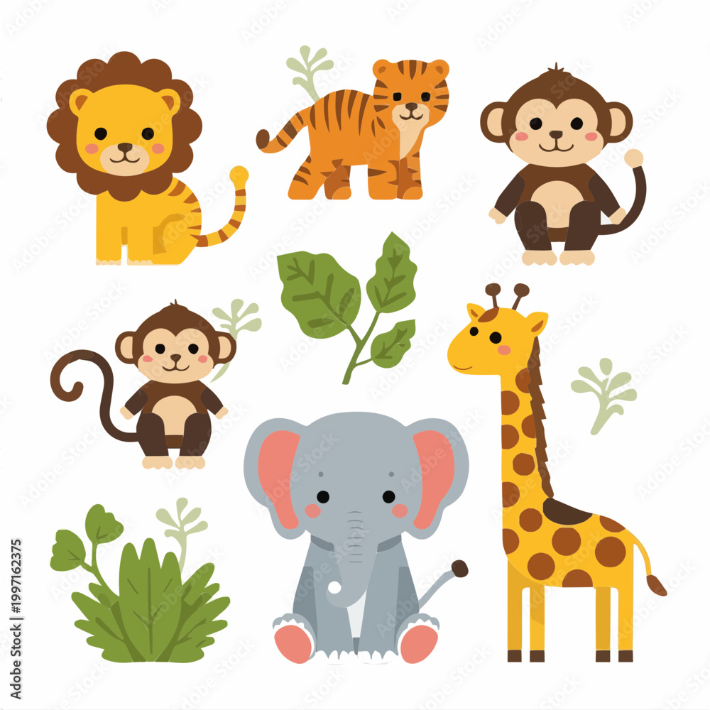 Fototapeta premium Colorful cartoon jungle animal characters isolated on white background