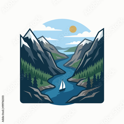 A picturesque fjord scene with a sailboat, mountains, pine trees, and a sunny sky. A perfect blend of nature and adventure.