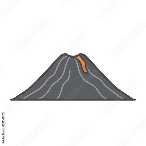 A stylized, cartoon-like illustration of a volcano erupting. It features a conical shape with smoke and lava flowing from the summit.