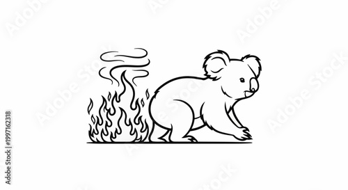 A koala running from a stylized fire with smoke