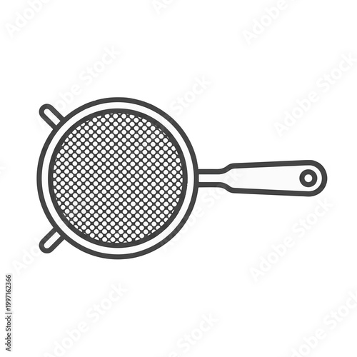 A line drawing of a round sieve with a handle and two supporting arms on the opposite side.