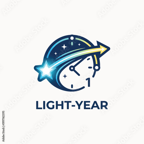 A logo depicting a clock face with a shooting star and an arrow, symbolizing speed, time, and space travel.