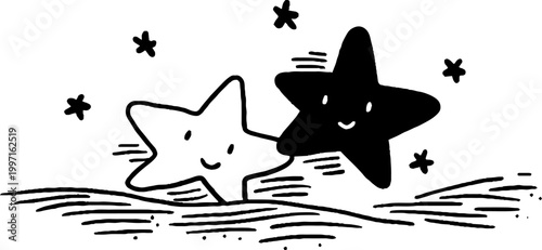 Two star figures moving across wavy surface in line art