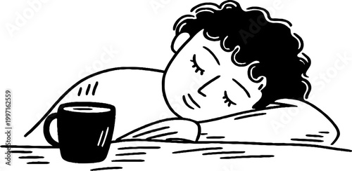 Person sleeping head on folded arm next to coffee cup