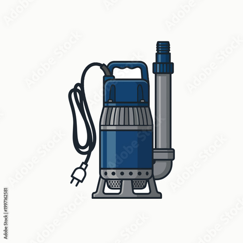 A blue submersible pump with a gray discharge pipe and a black power cord, isolated on a white background.