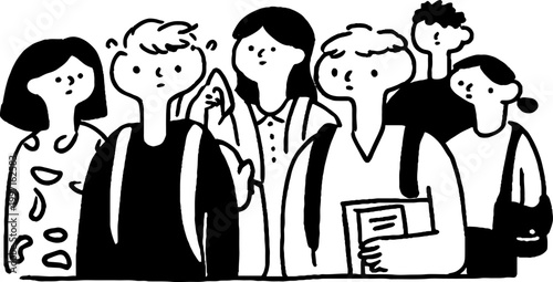 Group of students standing with backpacks and books in crowd