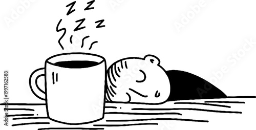 Small figure sleeping beside steaming mug on wooden surface