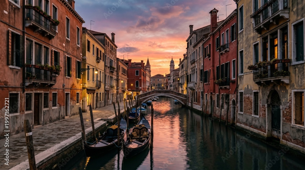 Fototapeta premium Venetian Canal at Sunset A Tranquil Evening Amidst Historic Architecture and Serene Waters