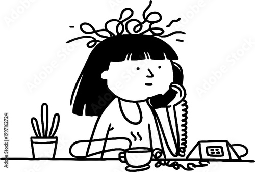 Young woman on corded phone with tangled hair at desk