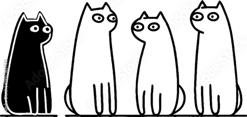 Four tall cats standing in line on white surface minimal illustration