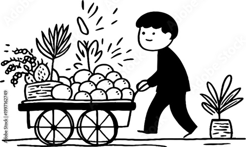 Man pushing cart loaded with fruit in outdoor market