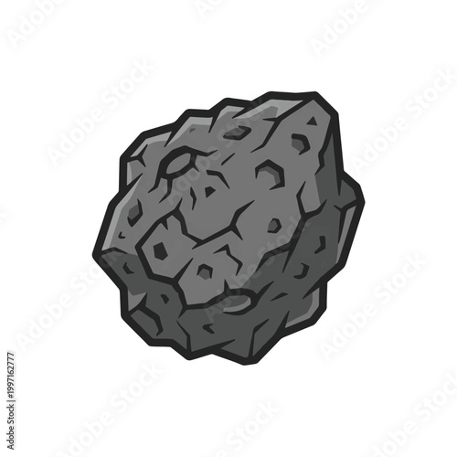 A stylized cartoon illustration of a gray, rocky asteroid with craters and sharp edges on a white background.