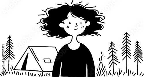 Woman smiling in front of tent in forest campsite surrounded by trees