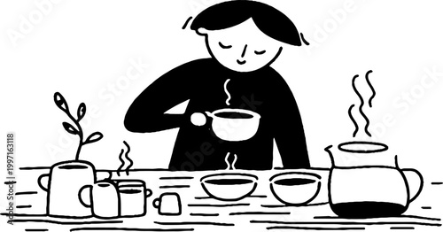 Person sipping tea at table with multiple teapots on wooden surface