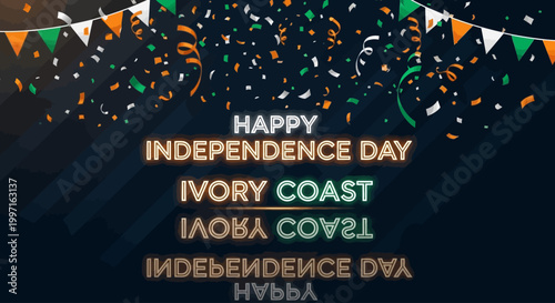 Happy Independence Day Ivory Coast banner with confetti and festive decorations.