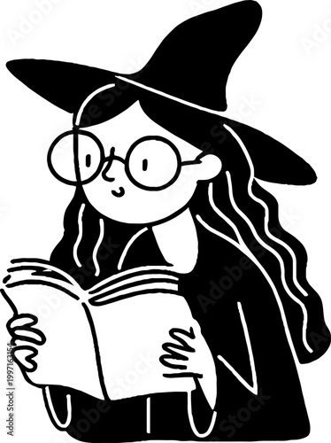 Female witch studying book with long hair at table