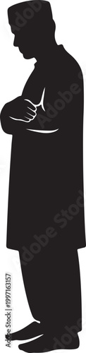 Muslim Man Standing Namaz Side View Vector, Islamic Salah Silhouette Line Art for Ramadan Design