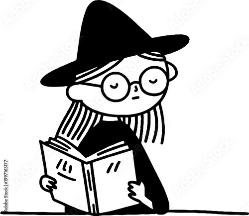 Child witch reading book seated at desk with glasses in classroom