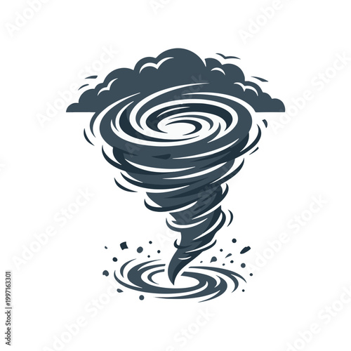 A dark, swirling vortex of wind and debris, resembling a tornado, is depicted against a white background.