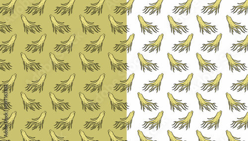 Ginseng Seamless Pattern. Handdrawn Root Illustration. Herbal Botanical Background. for Packaging Textile Design
