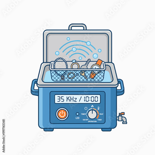 A blue ultrasonic cleaner with jewelry and a watch inside, indicated by a digital display and water waves.