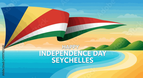 Seychelles Independence Day celebration with waving national flag and tropical beach landscape