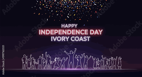 Digital illustration of a Happy Independence Day Ivory Coast celebration with a crowd of people and fireworks on a dark background with pink and purple hues.