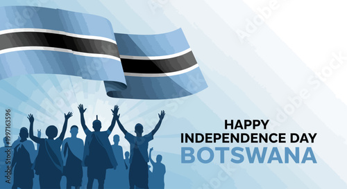Graphic illustration of people celebrating with raised arms under the Botswana flag on Independence Day with a patriotic mood.