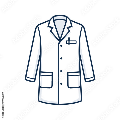 A white lab coat with a collar, buttons, and two pockets, a pen tucked into the left chest pocket, on a white background.