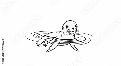 A playful seal pup swims in rippling water, rendered in a simple line art style