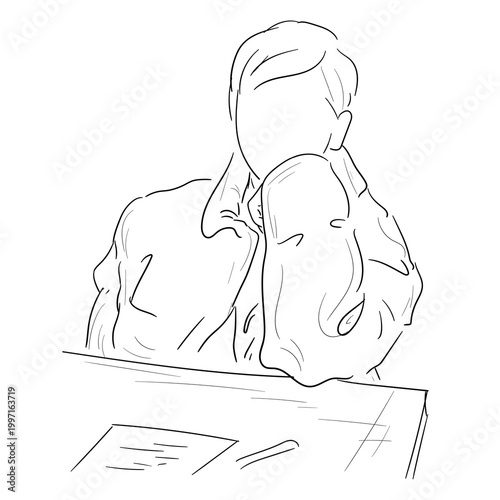 An elderly man is sitting at a table and waiting for an order. Vector illustration. The sketch is hand-drawn, isolated on a white background. The concept of takeaway food, courier delivery and cafe