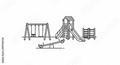 A playful outdoor recreational area featuring slides, swings, and a seesaw