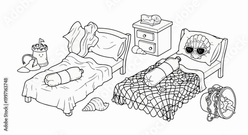 A playful seaside scene featuring two beds with unique linens and nautical accessories