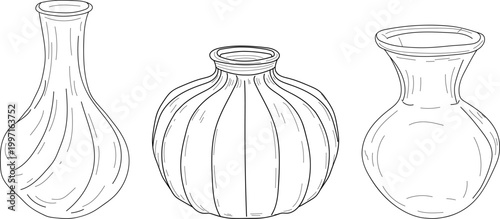 Glass vases and glasses, hand-drawn sketch. Vector illustration. A set of kitchen utensils, isolated on a white background