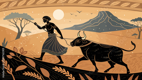 An ancient farmer plows the land with a bull in a serene landscape at sunset
