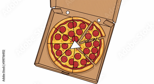 A Pepperoni Pizza Sliced in a Cardboard Box with a White Triangle