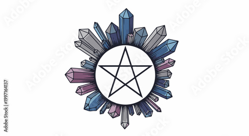 A pentagram is enclosed by a circle of faceted crystals in blue, grey and pink hues