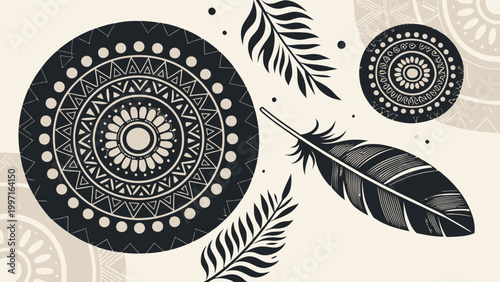 An illustration of dreamcatchers and feathers in a bohemian design with circular patterns and tribal elements