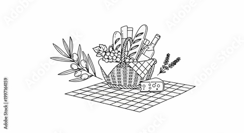 A picnic basket overflowing with bread, grapes, and wine sits on a checkered cloth