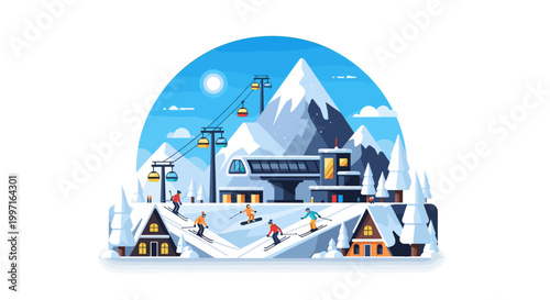 Winter ski resort mountain landscape in flat vector illustration style