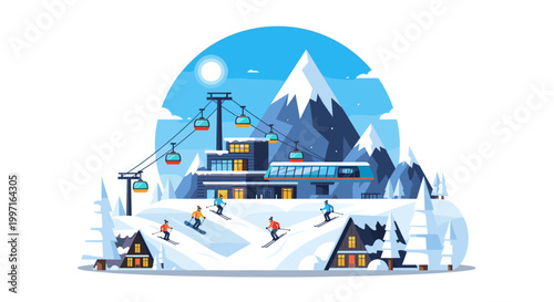 Winter ski resort mountain landscape in flat vector illustration style