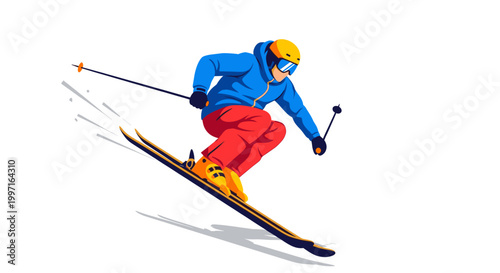 Downhill skier in colorful flat vector illustration style