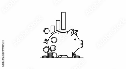 A piggy bank with coins and a rising bar chart indicates financial growth