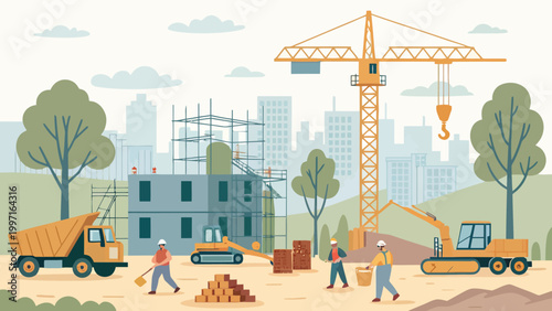 A construction site with workers and heavy machinery in a cityscape