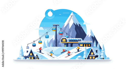 Winter ski resort mountain landscape in flat vector illustration style